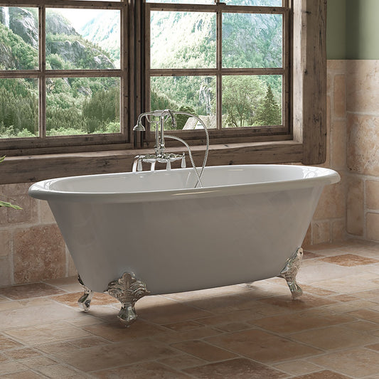 Cast Iron Double Ended Clawfoot Tub 60" X 30" with no Faucet Drillings and Complete Polished Chrome Free Standing English Telephone Style Faucet with Hand Held Shower Assembly Plumbing Package