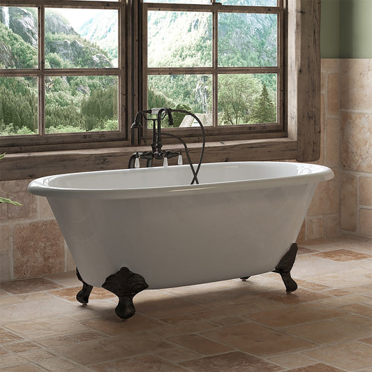 Cast Iron Double Ended Clawfoot Tub 60" X 30" with no Faucet Drillings and Complete Oil Rubbed Bronze Free Standing English Telephone Style Faucet with Hand Held Shower Assembly Plumbing Package