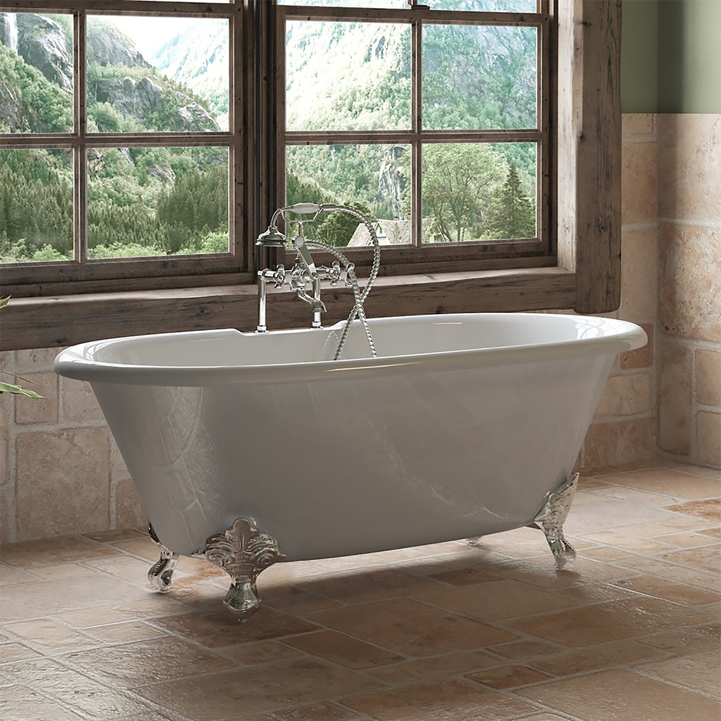 Cast Iron Double Ended Clawfoot Tub 60" X 30" with 7" Deck Mount Faucet Drillings and British Telephone Style Faucet Complete Polished Chrome Plumbing Package With Six Inch Deck Mount Risers