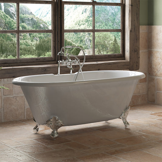 Cast Iron Double Ended Clawfoot Tub 60" X 30" with 7" Deck Mount Faucet Drillings and British Telephone Style Faucet Complete Polished Chrome Plumbing Package With Six Inch Deck Mount Risers