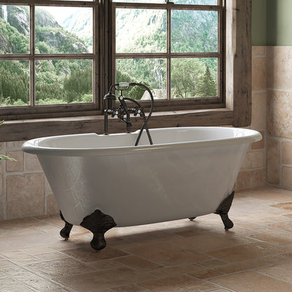 Cast Iron Double Ended Clawfoot Tub 60" X 30" with  7" Deck Mount Faucet Drillings and British Telephone Style Faucet Complete Brushed Nickel Plumbing Package With Six Inch Deck Mount Risers