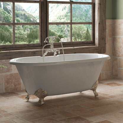 Cast Iron Double Ended Clawfoot Tub 60" X 30" with  7" Deck Mount Faucet Drillings and English Telephone Style Faucet Complete Brushed Nickel Plumbing Package