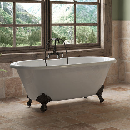 Cast Iron Double Ended Clawfoot Tub 60" X 30" with 7" Deck Mount Faucet Drillings and English Telephone Style Faucet Complete Oil Rubbed Bronze Plumbing Package