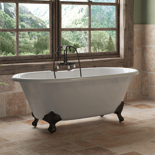 Cast Iron Double Ended Clawfoot Tub 60" X 30" with 7" Deck Mount Faucet Drillings and English Telephone Style Faucet Complete Oil Rubbed Bronze Plumbing Package