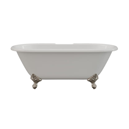 Cast Iron Double Ended Clawfoot Tub 60" X 30" with 7" Deck Mount Faucet Drillings and Brushed Nickel Feet
