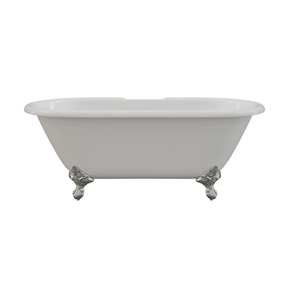 Cast Iron Double Ended Clawfoot Tub 60" X 30" with 7" Deck Mount Faucet Drillings and English Telephone Style Faucet Complete Polished Chrome Plumbing Package