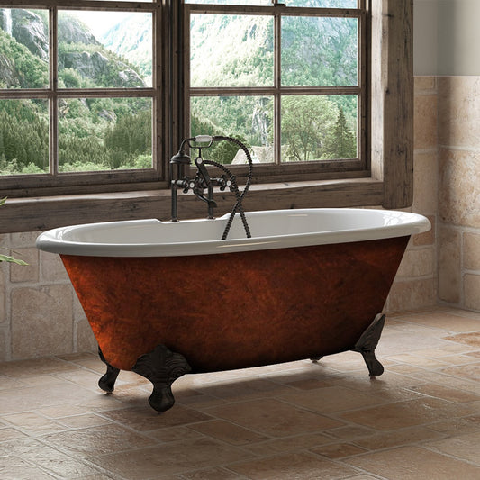 Cast Iron Clawfoot Bathtub 70”x30" Faux Copper Bronze Finish on Exterior with 7" Deck Mount Faucet Drillings and Oil Rubbed Bronze Feet