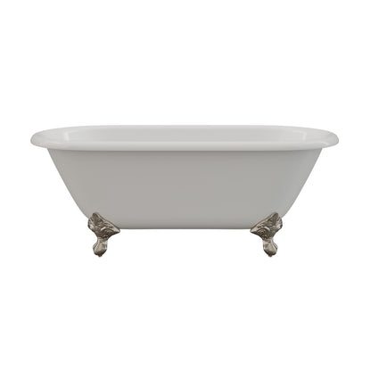 Cast Iron Double Ended Clawfoot Tub 60" X 30" with No Faucet Drillings and Brushed Nickel Feet