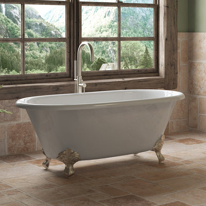 Cast Iron Double Ended Clawfoot Tub 60" X 30" with No Faucet Drillings and Brushed Nickel Feet