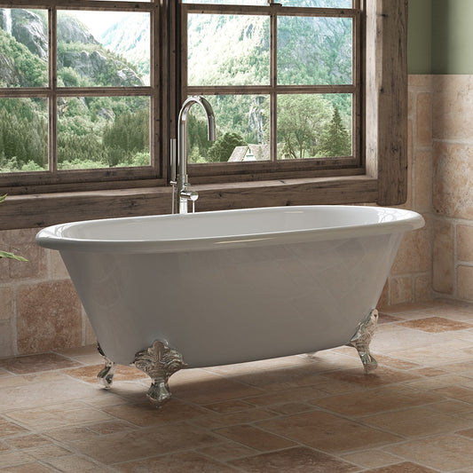 Cast Iron Double Ended Clawfoot Tub 60" X 30" with No Faucet Drillings and Polished Chrome Feet