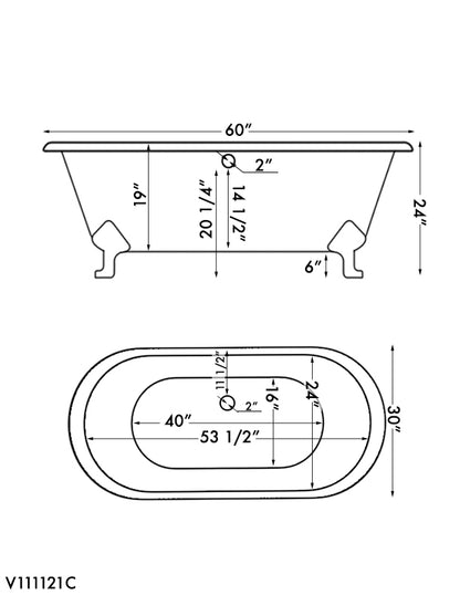 Cast Iron Double Ended Clawfoot Tub 60" X 30" with No Faucet Drillings and Polished Chrome Feet