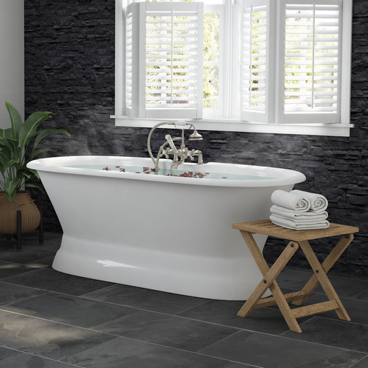 66 Inch Cast Iron Dual Ended Pedestal Bathtub with Deckmount faucet drillings Complete plumbing package in Brushed Nickel