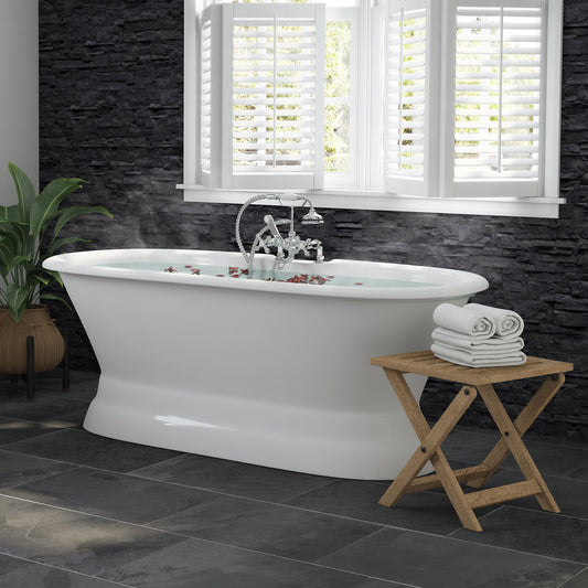 66 Inch Cast Iron Dual Ended Pedestal Bathtub with Deckmount faucet drillings Complete plumbing package in Polished Chrome