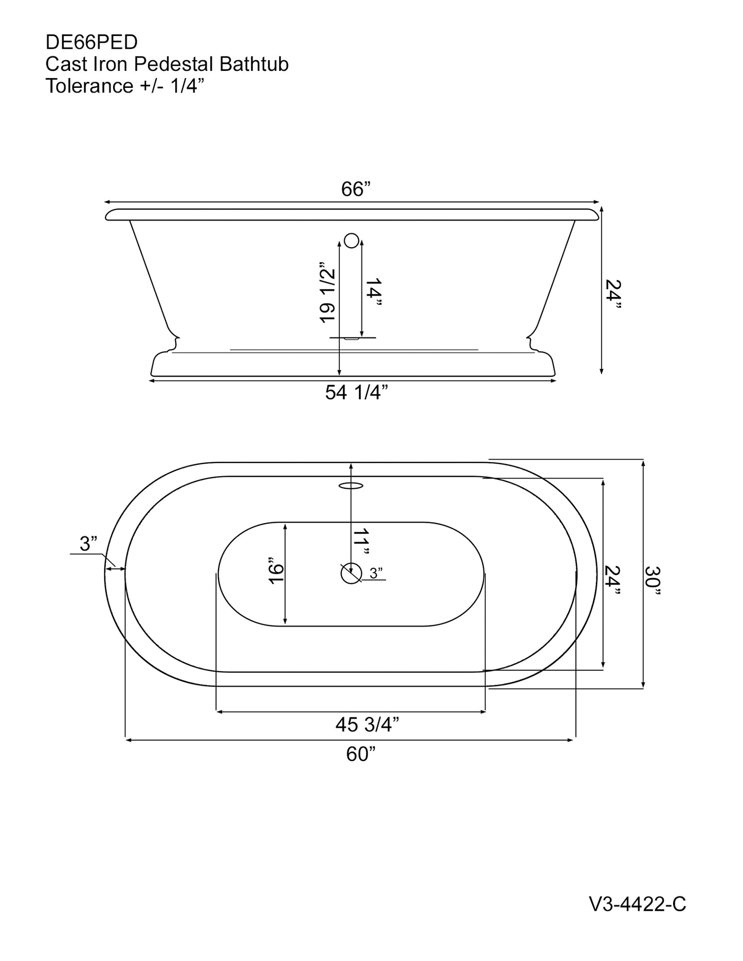 Cast Iron Double Ended Tub 66" X 30" with No Faucet Drillings