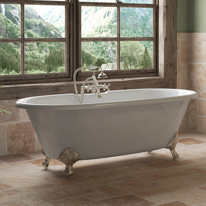 Cast Iron Double Ended Clawfoot Tub 67" X 30" 7" Deck Mount Faucet Drillings and Complete Brushed Nickel Plumbing Package