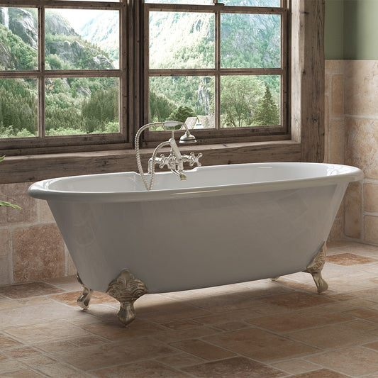Cast Iron Double Ended Clawfoot Tub 67" X 30" 7" Deck Mount Faucet Drillings and Complete Brushed Nickel Plumbing Package