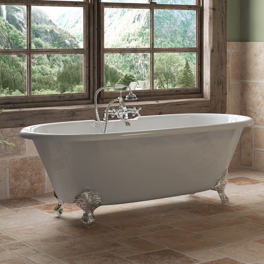 Cast Iron Double Ended Clawfoot Tub 67" X 30" 7" Deck Mount Faucet Drillings and Complete Polished Chrome Plumbing Package