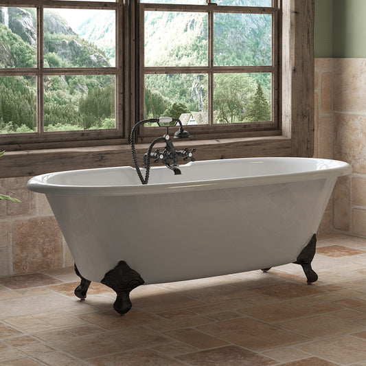 Cast Iron Double Ended Clawfoot Tub 67" X 30" 7" Deck Mount Faucet Drillings and Complete Oil Rubbed Bronze Plumbing Package