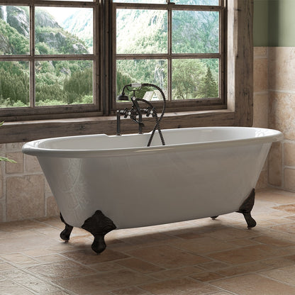 Cast Iron Double Ended Clawfoot Tub 67" X 30" with  7" Deck Mount Faucet Drillings and Complete Brushed Nickel Plumbing Package With Six Inch Deck Mount Risers