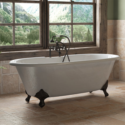 Cast Iron Double Ended Clawfoot Tub 67" X 30" with  7" Deck Mount Faucet Drillings and Complete Brushed Nickel Plumbing Package With Six Inch Deck Mount Risers