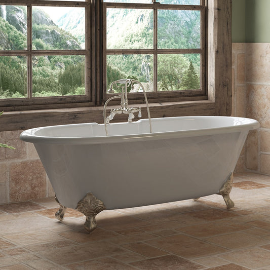 Cast Iron Double Ended Clawfoot Tub 67" X 30" with  7" Deck Mount Faucet Drillings and English Telephone Style Faucet Complete Brushed Nickel Plumbing Package