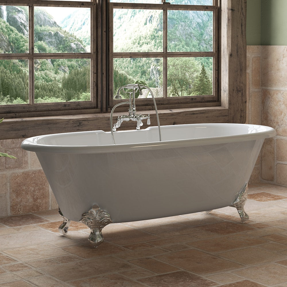 Cast Iron Double Ended Clawfoot Tub 67" X 30" with 7" Deck Mount Faucet Drillings and English Telephone Style Faucet Complete Polished Chrome Plumbing Package