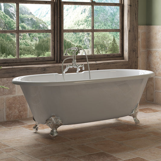 Cast Iron Double Ended Clawfoot Tub 67" X 30" with 7" Deck Mount Faucet Drillings and English Telephone Style Faucet Complete Polished Chrome Plumbing Package