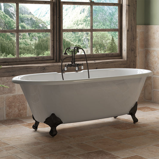 Cast Iron Double Ended Clawfoot Tub 67" X 30" with 7" Deck Mount Faucet Drillings and English Telephone Style Faucet Complete Brushed Nickel Plumbing Package
