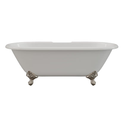 Cast Iron Double Ended Clawfoot Tub 67" X 30" with 7" Deck Mount Faucet Drillings and Brushed Nickel Feet