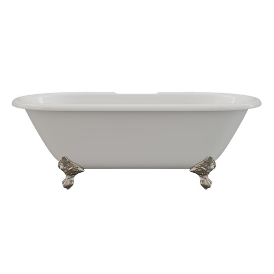 Cast Iron Double Ended Clawfoot Tub 67" X 30" with 7" Deck Mount Faucet Drillings and Brushed Nickel Feet