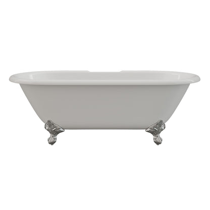 Cast Iron Double Ended Clawfoot Tub 67" X 30" with 7" Deck Mount Faucet Drillings and English Telephone Style Faucet Complete Polished Chrome Plumbing Package