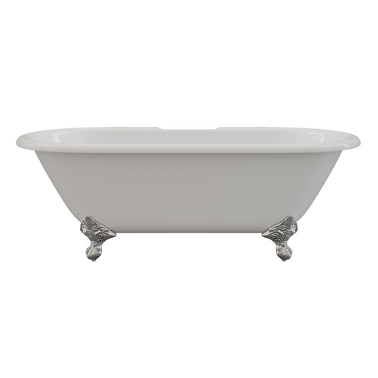 Cast Iron Double Ended Clawfoot Tub 67" X 30" with 7" Deck Mount Faucet Drillings and Polished Chrome Feet