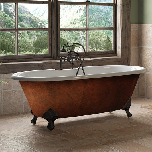 Cast Iron Clawfoot Bathtub 67”x30" Faux Copper Bronze Finish on Exterior with 7" Deck Mount Faucet Drillings and Oil Rubbed Bronze Feet