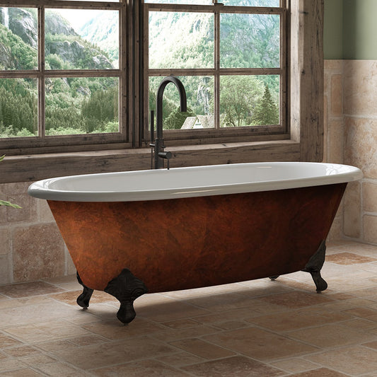 Cast Iron Clawfoot Bathtub 67”x30" Faux Copper Bronze Finish on Exterior with No Faucet Drillings and Oil Rubbed Bronze Feet