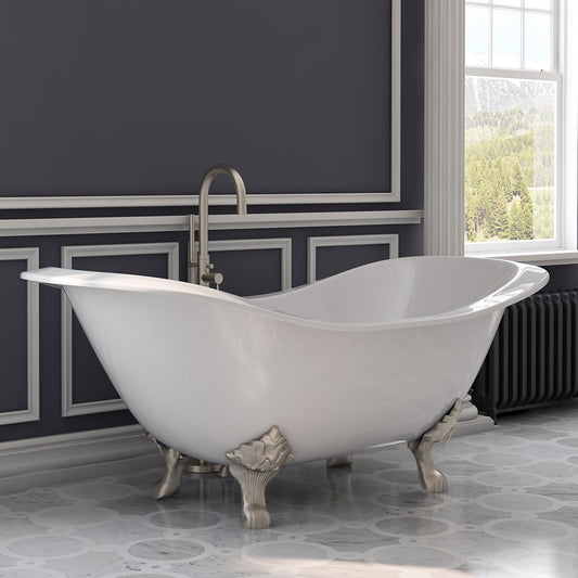 Cast Iron Double Ended Slipper Tub 71" X 30"with no Faucet Drillings and Complete Brushed Nickel Modern Freestanding Tub Filler with Hand Held Shower Assembly Plumbing Package