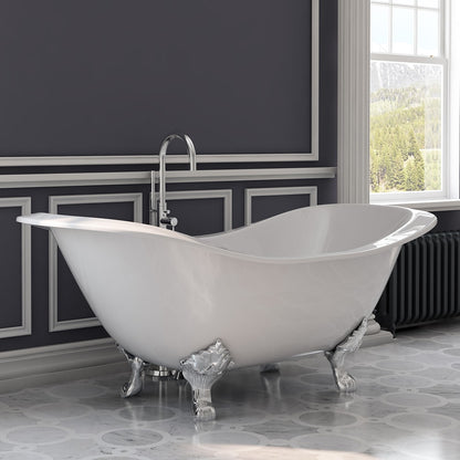 Cast Iron Double Ended Slipper Tub 71" X 30" with no Faucet Drillings and Complete Polished Chrome Modern Freestanding Tub Filler with Hand Held Shower Assembly Plumbing Package