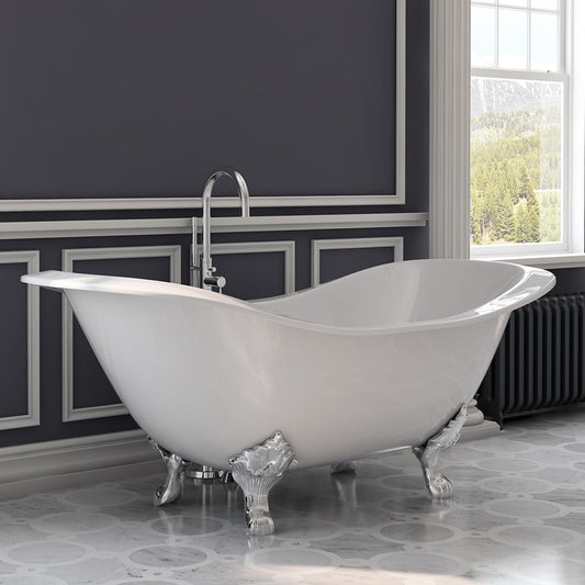 Cast Iron Double Ended Slipper Tub 71" X 30" with no Faucet Drillings and Complete Polished Chrome Modern Freestanding Tub Filler with Hand Held Shower Assembly Plumbing Package