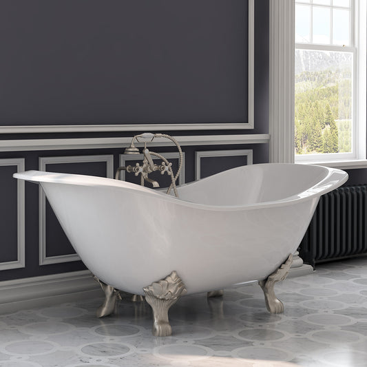Cast Iron Double Ended Slipper Tub 71" X 30"with No Faucet Drillings and Complete Free Standing British Telephone Faucet and Hand Held Shower  Brushed Nickel Plumbing Package