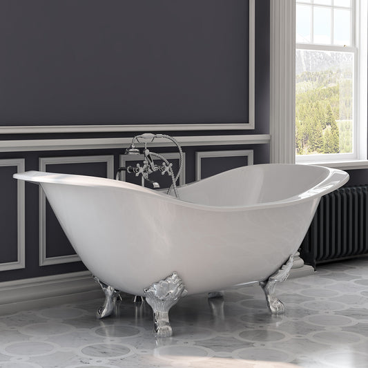 Cast Iron Double Ended Slipper Tub 71" X 30" with No Faucet Drillings and Complete Free Standing British Telephone Faucet and Hand Held Shower Polished Chrome Plumbing Package