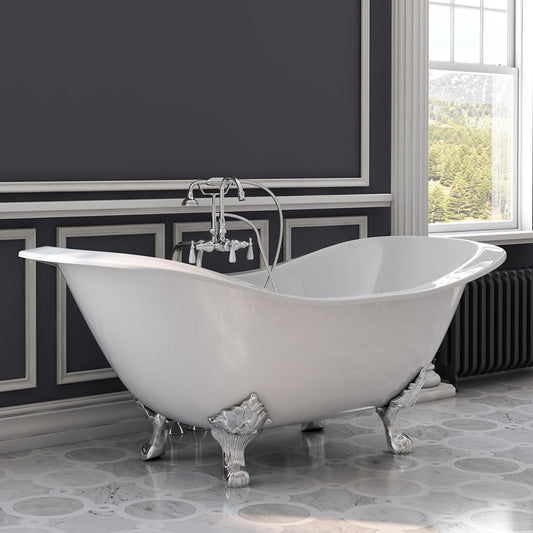 Cast Iron Double Ended Slipper Tub 71" X 30" with no Faucet Drillings and Complete Polished Chrome Free Standing English Telephone Style Faucet with Hand Held Shower Assembly Plumbing Package