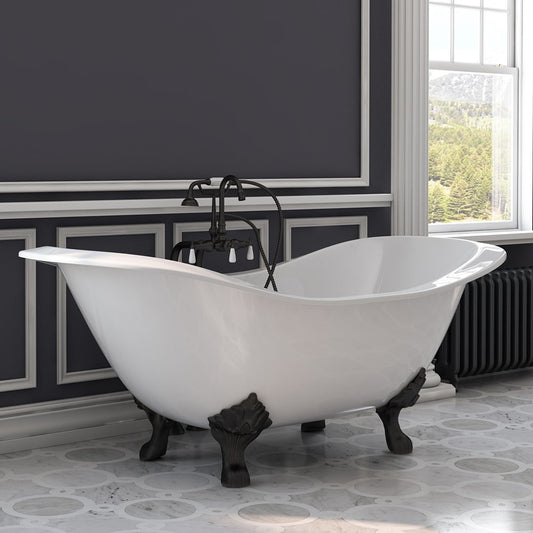 Cast Iron Double Ended Slipper Tub 71" X 30" with no Faucet Drillings and Complete Oil Rubbed Bronze Free Standing English Telephone Style Faucet with Hand Held Shower Assembly Plumbing Package