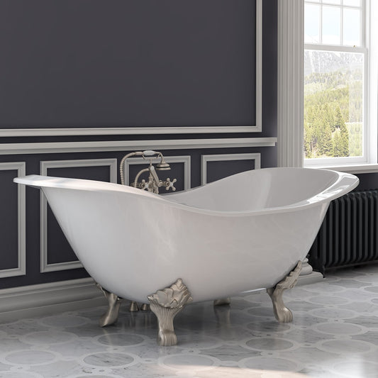 Cast Iron Double Ended Slipper Tub 71" X 30" with 7" Deck Mount Faucet Drillings and Complete Brushed Nickel Plumbing Package
