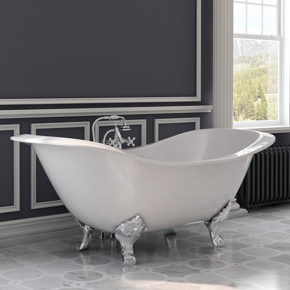 Cast Iron Double Ended Slipper Tub 71" X 30" with 7" Deck Mount Faucet Drillings and Complete Polished Chrome Plumbing Package