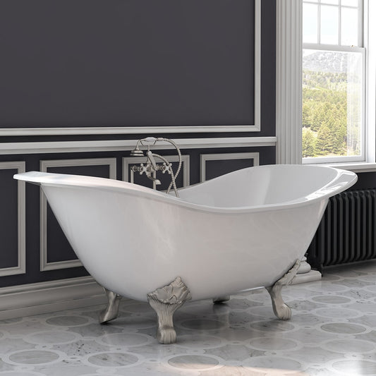 Cast Iron Double Ended Slipper Tub 71" X 30" with 7" Deck Mount Faucet Drillings and British Telephone Style Faucet Complete Brushed Nickel Plumbing Package With Six Inch Deck Mount Risers