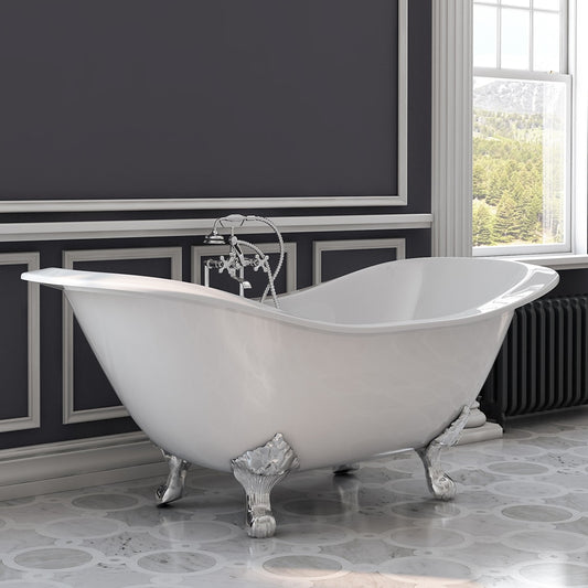 Cast Iron Double Ended Slipper Tub 71" X 30" with 7" Deck Mount Faucet Drillings and British Telephone Style Faucet Complete Polished Chrome Plumbing Package With Six Inch Deck Mount Risers
