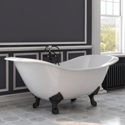 Cast Iron Double Ended Slipper Tub 71" X 30" with 7" Deck Mount Faucet Drillings and British Telephone Style Faucet Complete Oil Rubbed Bronze Plumbing Package With Six Inch Deck Mount Risers