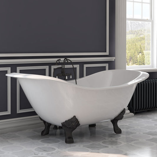 Cast Iron Double Ended Slipper Tub 71" X 30" with 7" Deck Mount Faucet Drillings and English Telephone Style Faucet Complete Polished Chrome Plumbing Package