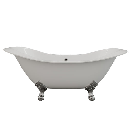 Cast Iron Double Ended Slipper Tub 71" X 30" with 7" Deck Mount Faucet Drillings and Polished Chrome Feet
