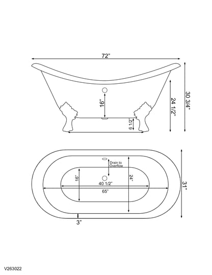 Cast Iron Double Ended Slipper Tub 71" X 30" with no Faucet Drillings and Complete Polished Chrome Modern Freestanding Tub Filler with Hand Held Shower Assembly Plumbing Package