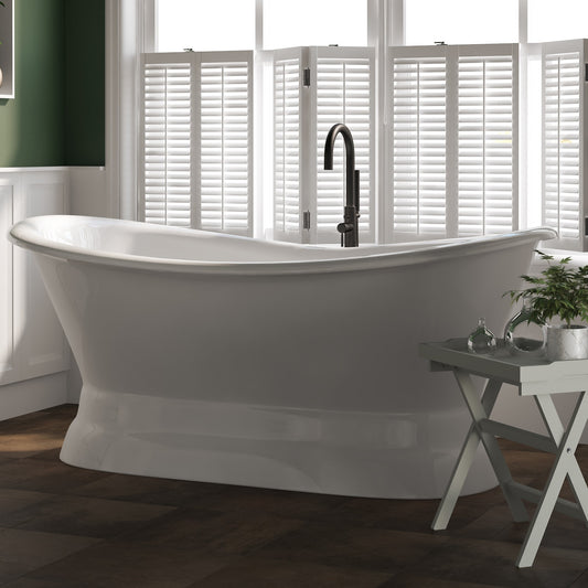 Cast Iron Double Ended Slipper Tub 71" X 30" with no Faucet Drillings and Complete Oil Rubbed Bronze Modern Freestanding Tub Filler with Hand Held Shower Assembly Plumbing Package
